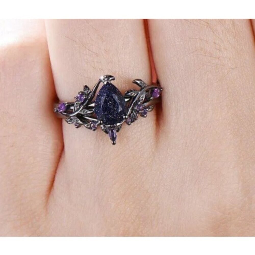 Pear Cut Blue Sandstone & Amethyst 2 piece Bridal Wedding engagement ring set - Picture 8 of 8